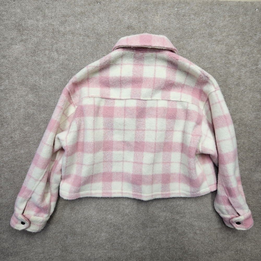 Lyn Burches Pink White Plaid Fuzzy Sherpa Shacket Cropped Boxy Jacket M - Picture 14 of 15
